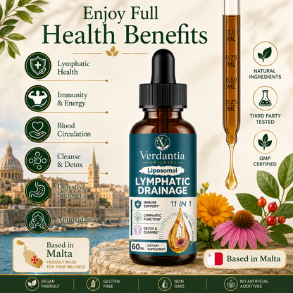 Liposomal Lymphatic Drainage Drops — 11 In 1 Organic Lymphatic Drainage Supplement with Elderberry, Echinacea, Burdock Root, Calendula & Dandelion. Supports Lymphatic Health. 60ML.