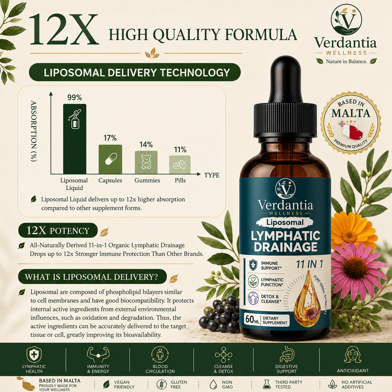 Liposomal Lymphatic Drainage Drops — 11 In 1 Organic Lymphatic Drainage Supplement with Elderberry, Echinacea, Burdock Root, Calendula & Dandelion. Supports Lymphatic Health. 60ML.