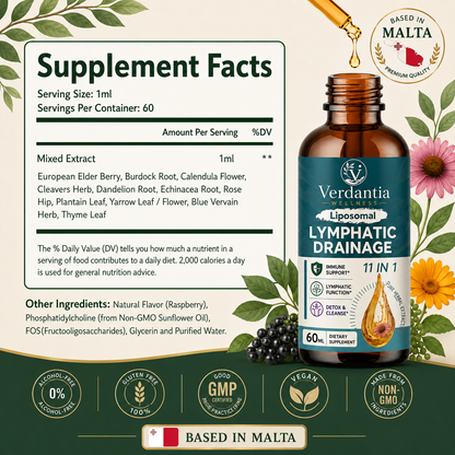 Liposomal Lymphatic Drainage Drops — 11 In 1 Organic Lymphatic Drainage Supplement with Elderberry, Echinacea, Burdock Root, Calendula & Dandelion. Supports Lymphatic Health. 60ML.